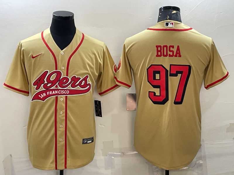 Men%27s San Francisco 49ers #97 Nick Bosa Gold Color Rush With Patch Cool Base Stitched Baseball Jersey